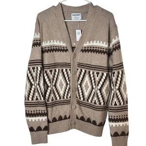 Old‎ Navy Mens Cardigan Sweater Geometric Pattern Brown White Tan Size M Grandpa